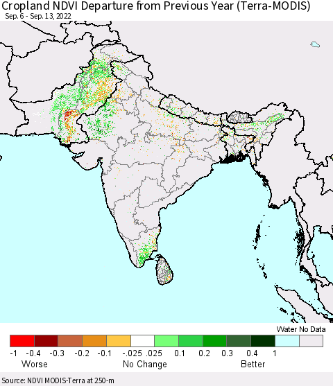 Southern Asia Cropland NDVI Departure from Previous Year (Terra-MODIS) Thematic Map For 9/6/2022 - 9/13/2022