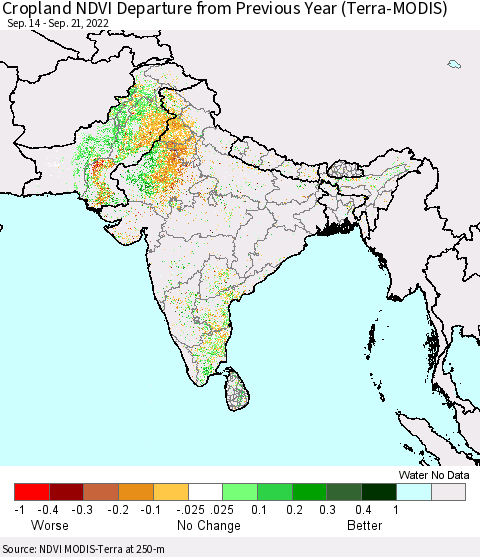 Southern Asia Cropland NDVI Departure from Previous Year (Terra-MODIS) Thematic Map For 9/14/2022 - 9/21/2022