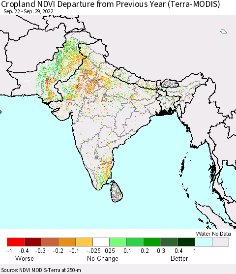 Southern Asia Cropland NDVI Departure from Previous Year (Terra-MODIS) Thematic Map For 9/22/2022 - 9/29/2022
