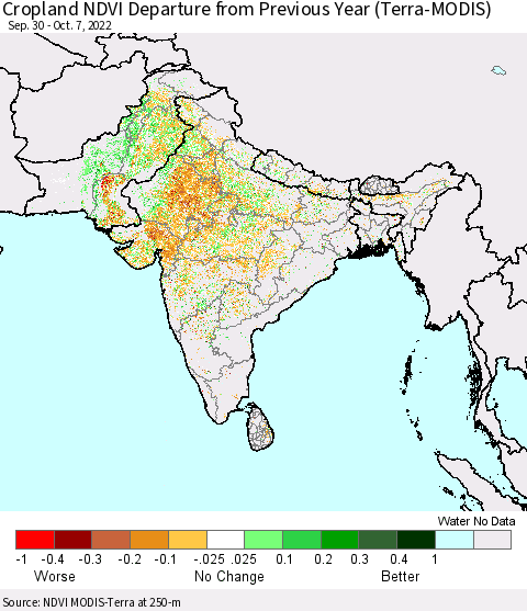 Southern Asia Cropland NDVI Departure from Previous Year (Terra-MODIS) Thematic Map For 9/30/2022 - 10/7/2022