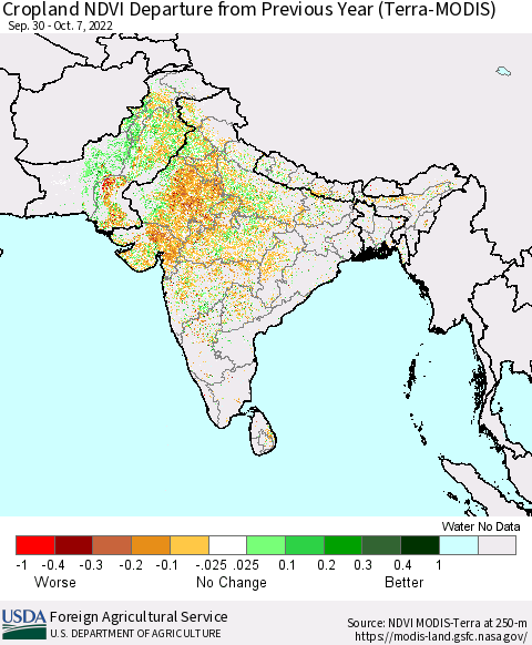 Southern Asia Cropland NDVI Departure from Previous Year (Terra-MODIS) Thematic Map For 10/1/2022 - 10/10/2022