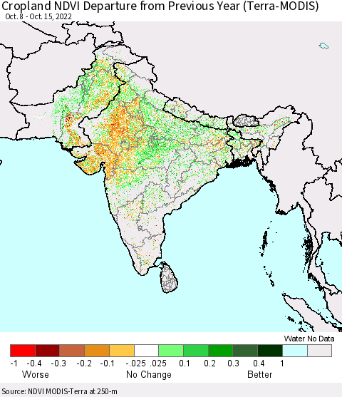 Southern Asia Cropland NDVI Departure from Previous Year (Terra-MODIS) Thematic Map For 10/8/2022 - 10/15/2022