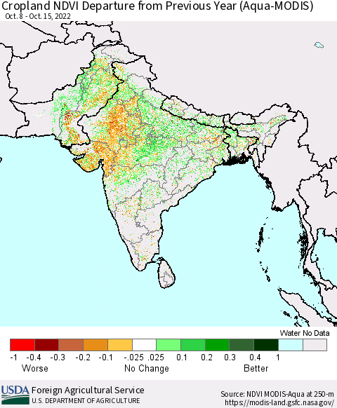 Southern Asia Cropland NDVI Departure from Previous Year (Terra-MODIS) Thematic Map For 10/11/2022 - 10/20/2022
