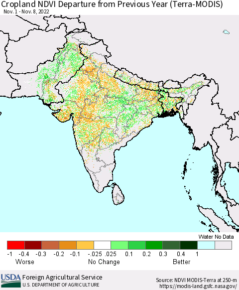Southern Asia Cropland NDVI Departure from Previous Year (Terra-MODIS) Thematic Map For 11/1/2022 - 11/10/2022