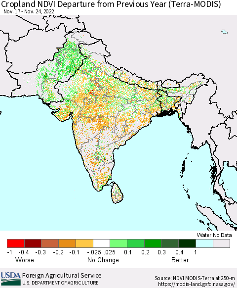 Southern Asia Cropland NDVI Departure from Previous Year (Terra-MODIS) Thematic Map For 11/21/2022 - 11/30/2022