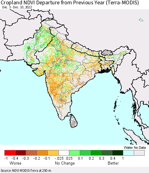 Southern Asia Cropland NDVI Departure from Previous Year (Terra-MODIS) Thematic Map For 12/1/2022 - 12/10/2022