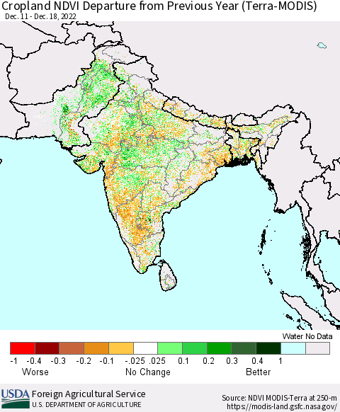 Southern Asia Cropland NDVI Departure from Previous Year (Terra-MODIS) Thematic Map For 12/11/2022 - 12/20/2022