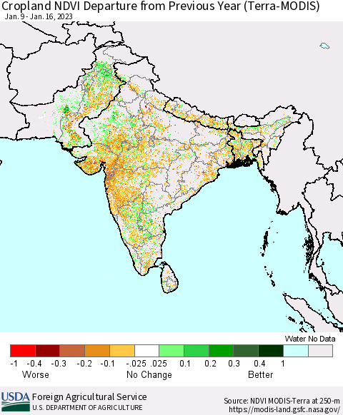 Southern Asia Cropland NDVI Departure from Previous Year (Terra-MODIS) Thematic Map For 1/11/2023 - 1/20/2023