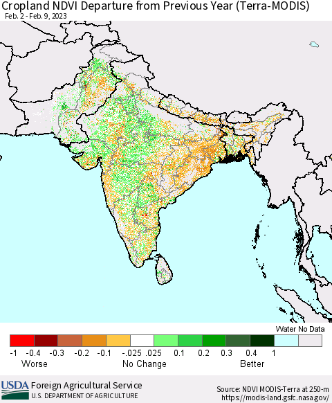 Southern Asia Cropland NDVI Departure from Previous Year (Terra-MODIS) Thematic Map For 2/1/2023 - 2/10/2023