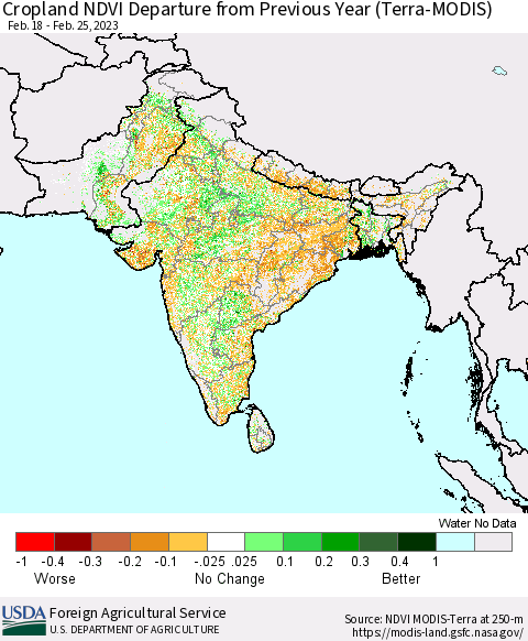 Southern Asia Cropland NDVI Departure from Previous Year (Terra-MODIS) Thematic Map For 2/21/2023 - 2/28/2023