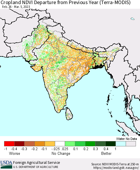 Southern Asia Cropland NDVI Departure from Previous Year (Terra-MODIS) Thematic Map For 3/1/2023 - 3/10/2023