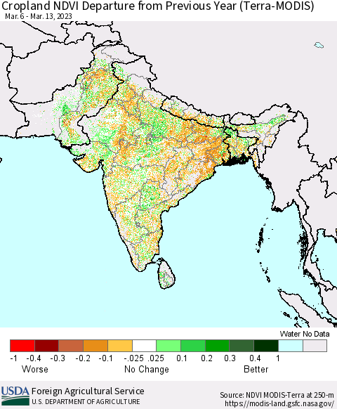 Southern Asia Cropland NDVI Departure from Previous Year (Terra-MODIS) Thematic Map For 3/11/2023 - 3/20/2023