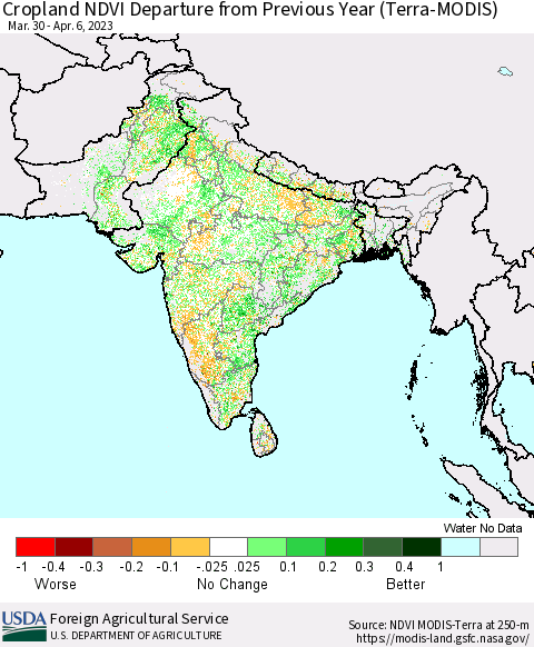 Southern Asia Cropland NDVI Departure from Previous Year (Terra-MODIS) Thematic Map For 4/1/2023 - 4/10/2023