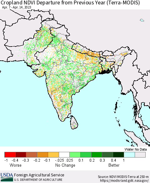 Southern Asia Cropland NDVI Departure from Previous Year (Terra-MODIS) Thematic Map For 4/11/2023 - 4/20/2023