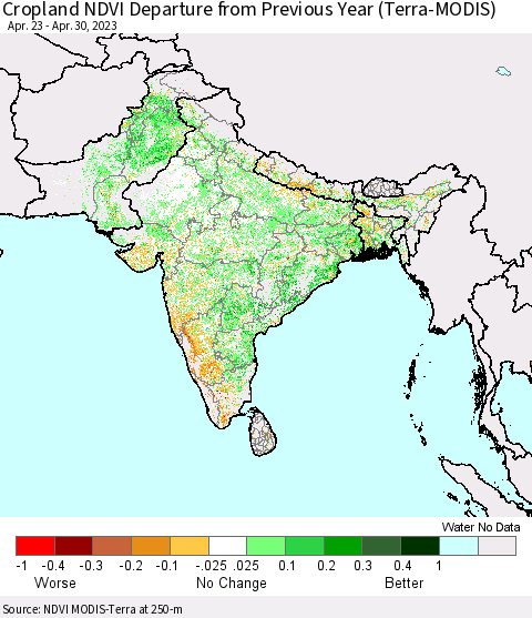 Southern Asia Cropland NDVI Departure from Previous Year (Terra-MODIS) Thematic Map For 4/21/2023 - 4/30/2023