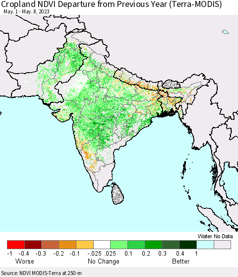 Southern Asia Cropland NDVI Departure from Previous Year (Terra-MODIS) Thematic Map For 5/1/2023 - 5/8/2023