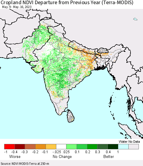 Southern Asia Cropland NDVI Departure from Previous Year (Terra-MODIS) Thematic Map For 5/9/2023 - 5/16/2023