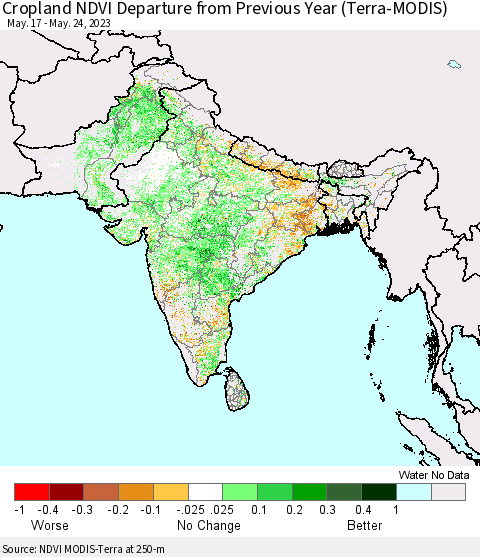 Southern Asia Cropland NDVI Departure from Previous Year (Terra-MODIS) Thematic Map For 5/17/2023 - 5/24/2023