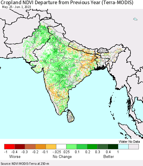 Southern Asia Cropland NDVI Departure from Previous Year (Terra-MODIS) Thematic Map For 5/25/2023 - 6/1/2023
