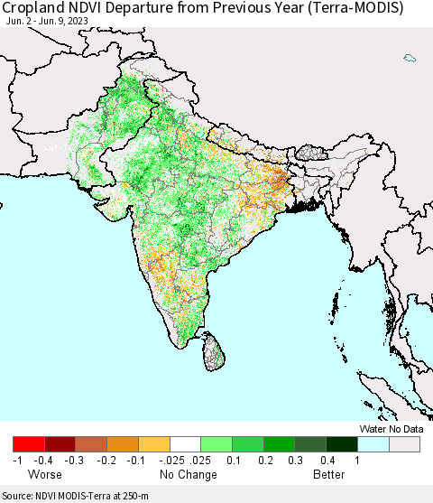 Southern Asia Cropland NDVI Departure from Previous Year (Terra-MODIS) Thematic Map For 6/2/2023 - 6/9/2023