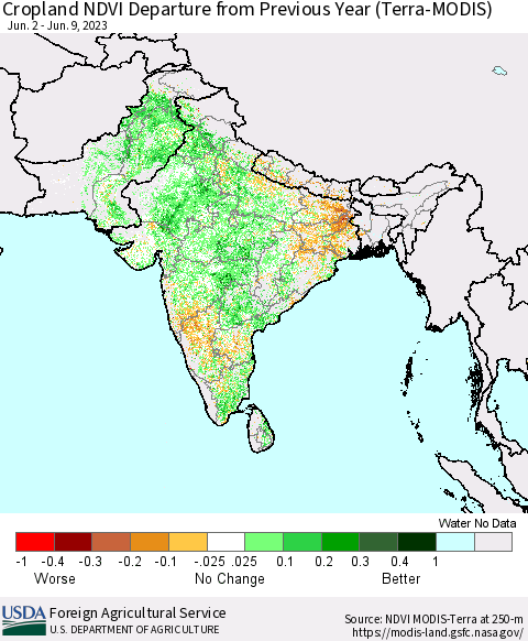 Southern Asia Cropland NDVI Departure from Previous Year (Terra-MODIS) Thematic Map For 6/1/2023 - 6/10/2023