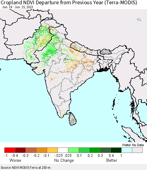 Southern Asia Cropland NDVI Departure from Previous Year (Terra-MODIS) Thematic Map For 6/18/2023 - 6/25/2023