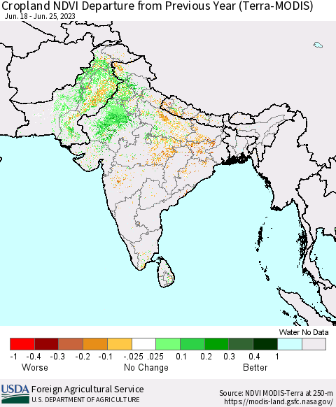 Southern Asia Cropland NDVI Departure from Previous Year (Terra-MODIS) Thematic Map For 6/21/2023 - 6/30/2023