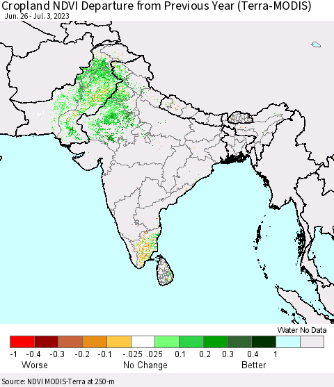 Southern Asia Cropland NDVI Departure from Previous Year (Terra-MODIS) Thematic Map For 6/26/2023 - 7/3/2023