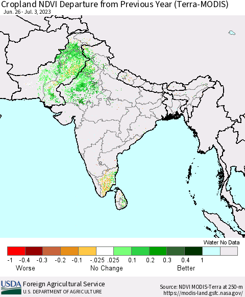 Southern Asia Cropland NDVI Departure from Previous Year (Terra-MODIS) Thematic Map For 7/1/2023 - 7/10/2023