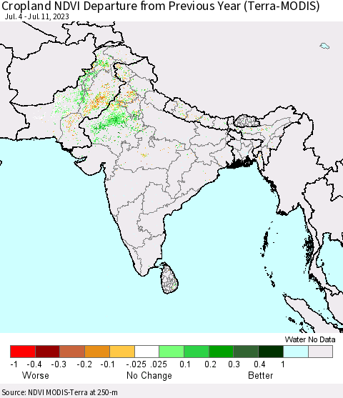 Southern Asia Cropland NDVI Departure from Previous Year (Terra-MODIS) Thematic Map For 7/4/2023 - 7/11/2023
