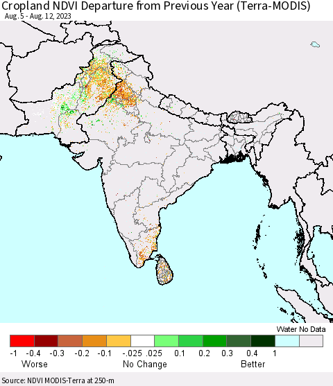 Southern Asia Cropland NDVI Departure from Previous Year (Terra-MODIS) Thematic Map For 8/5/2023 - 8/12/2023