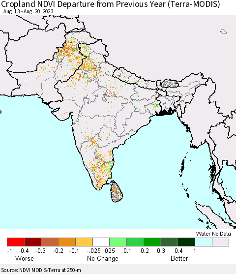 Southern Asia Cropland NDVI Departure from Previous Year (Terra-MODIS) Thematic Map For 8/11/2023 - 8/20/2023