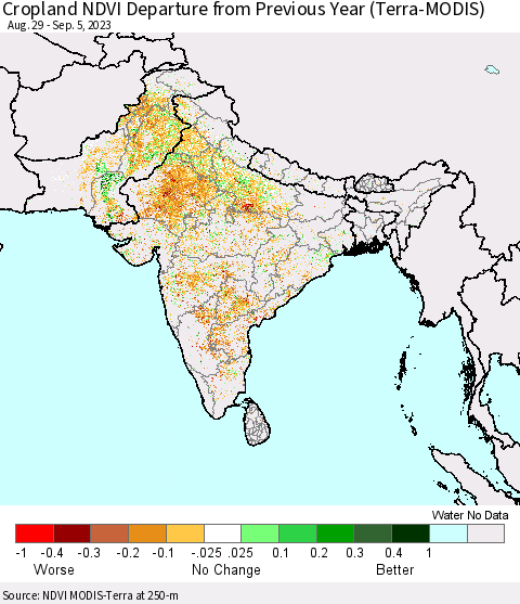 Southern Asia Cropland NDVI Departure from Previous Year (Terra-MODIS) Thematic Map For 8/29/2023 - 9/5/2023