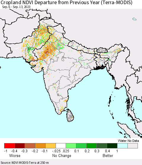 Southern Asia Cropland NDVI Departure from Previous Year (Terra-MODIS) Thematic Map For 9/6/2023 - 9/13/2023