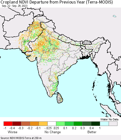 Southern Asia Cropland NDVI Departure from Previous Year (Terra-MODIS) Thematic Map For 9/22/2023 - 9/29/2023