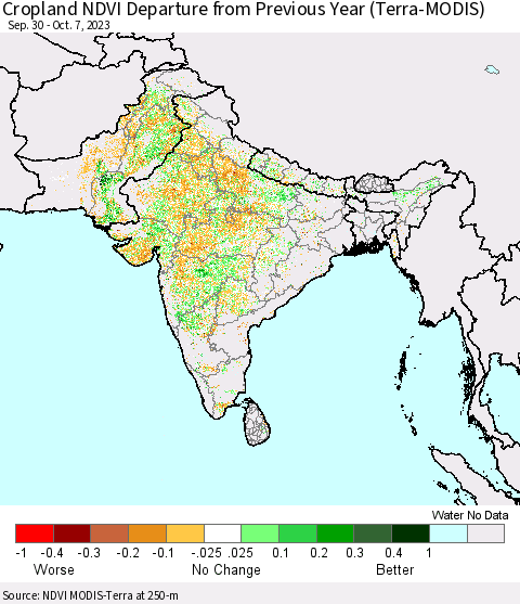 Southern Asia Cropland NDVI Departure from Previous Year (Terra-MODIS) Thematic Map For 9/30/2023 - 10/7/2023