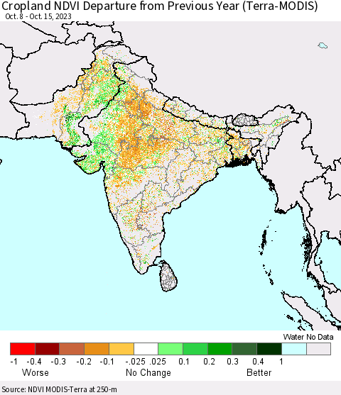 Southern Asia Cropland NDVI Departure from Previous Year (Terra-MODIS) Thematic Map For 10/8/2023 - 10/15/2023