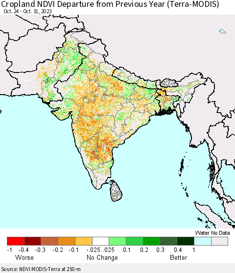 Southern Asia Cropland NDVI Departure from Previous Year (Terra-MODIS) Thematic Map For 10/24/2023 - 10/31/2023