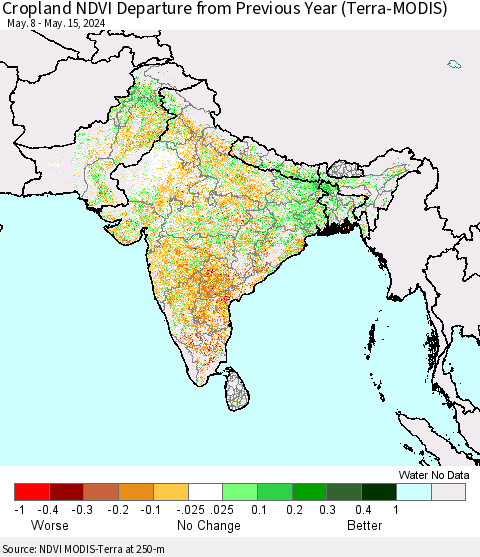 Southern Asia Cropland NDVI Departure from Previous Year (Terra-MODIS) Thematic Map For 5/8/2024 - 5/15/2024