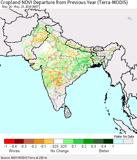 Southern Asia Cropland NDVI Departure from Previous Year (Terra-MODIS) Thematic Map For 5/16/2024 - 5/23/2024