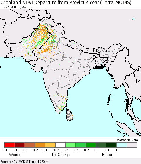 Southern Asia Cropland NDVI Departure from Previous Year (Terra-MODIS) Thematic Map For 7/3/2024 - 7/10/2024