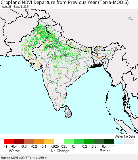Southern Asia Cropland NDVI Departure from Previous Year (Terra-MODIS) Thematic Map For 8/28/2024 - 9/4/2024