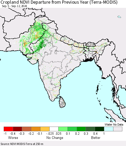 Southern Asia Cropland NDVI Departure from Previous Year (Terra-MODIS) Thematic Map For 9/5/2024 - 9/12/2024