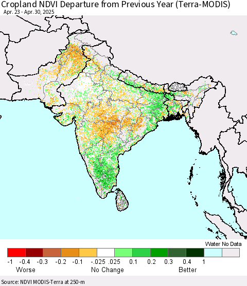 Southern Asia Cropland NDVI Departure from Previous Year (Terra-MODIS) Thematic Map For 4/23/2025 - 4/30/2025
