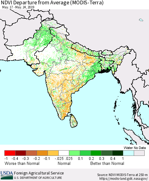 Southern Asia NDVI Departure from Average (Terra-MODIS) Thematic Map For 5/21/2019 - 5/31/2019