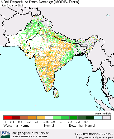Southern Asia NDVI Departure from Average (Terra-MODIS) Thematic Map For 6/1/2019 - 6/10/2019