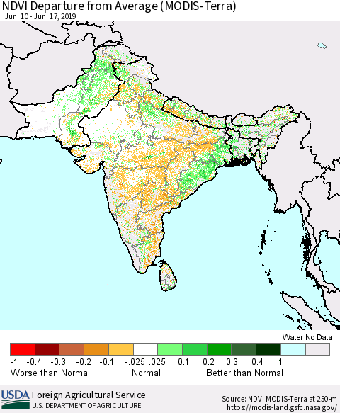 Southern Asia NDVI Departure from Average (MODIS-Terra) Thematic Map For 6/11/2019 - 6/20/2019
