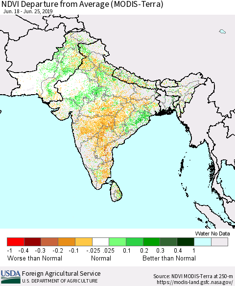 Southern Asia NDVI Departure from Average (MODIS-Terra) Thematic Map For 6/21/2019 - 6/30/2019