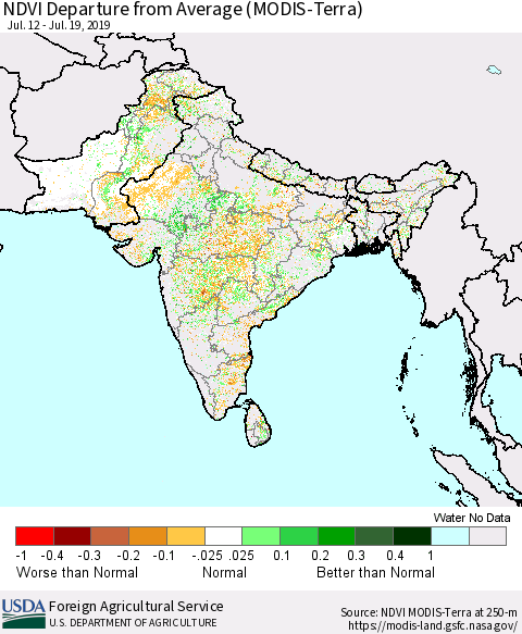 Southern Asia NDVI Departure from Average (Terra-MODIS) Thematic Map For 7/11/2019 - 7/20/2019