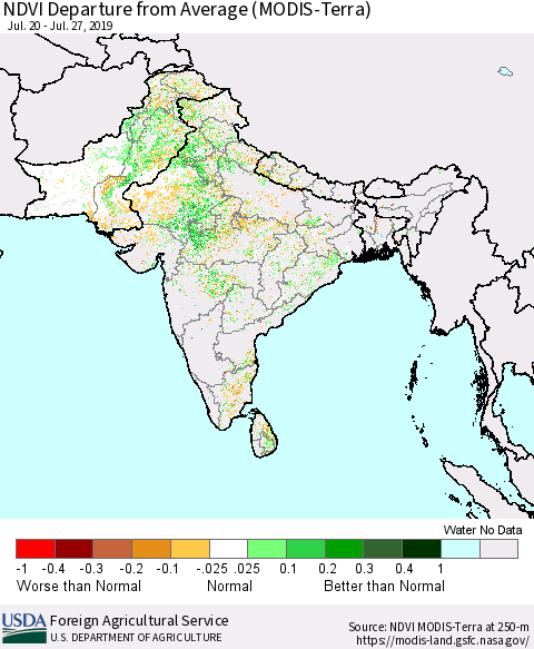 Southern Asia NDVI Departure from Average (MODIS-Terra) Thematic Map For 7/21/2019 - 7/31/2019